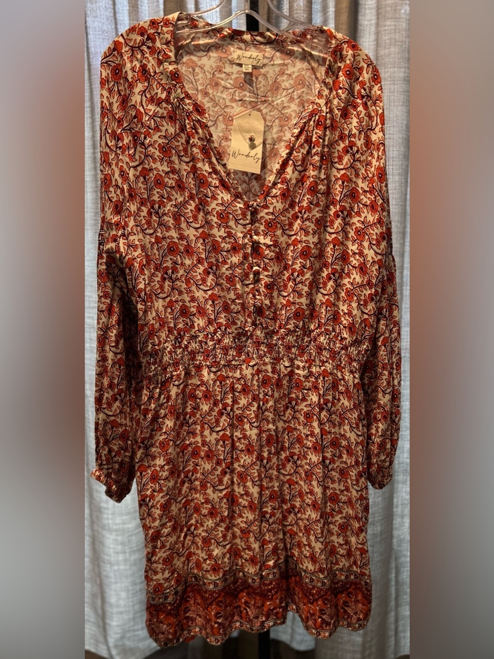 Wonderly Cream and Rust Floral Button-Front Tunic Dress
